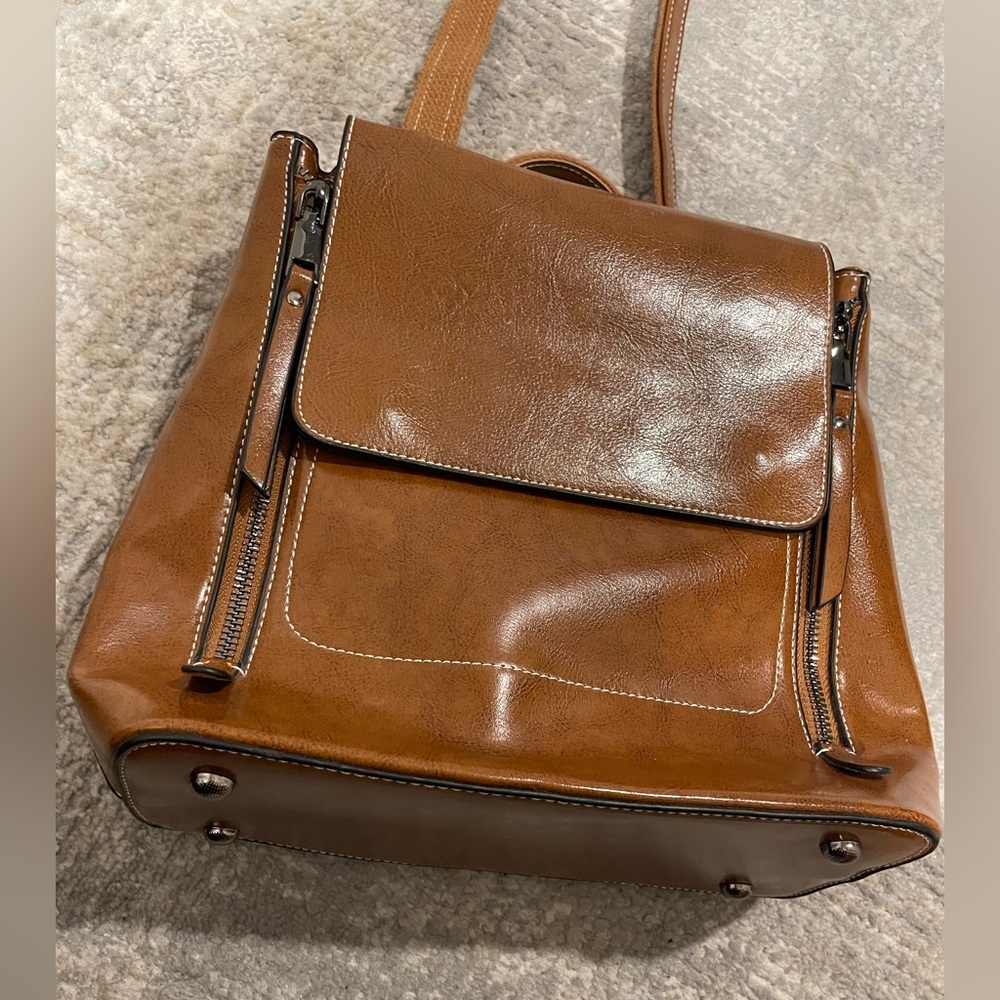 Top Grain Leather Womens Backpack Retro Style Rucksack Shoulder Bag Carmel Brown - Picture 2 of 12